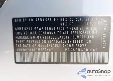 2013 Volkswagen Jetta 2.5L Se z USA, uszkodzony, nr VIN 3VWDP7AJ5DM237497